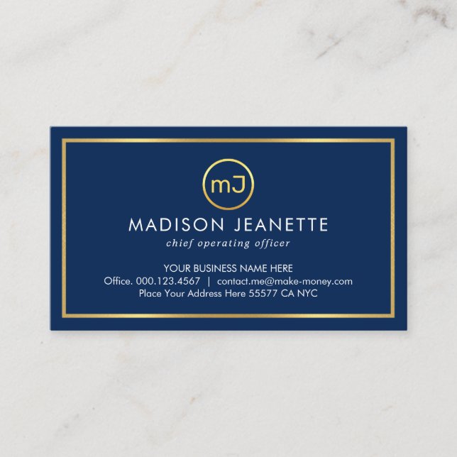Carte De Visite Simple Monogramme Sur Cadre Doré Couche Bleue (Devant)