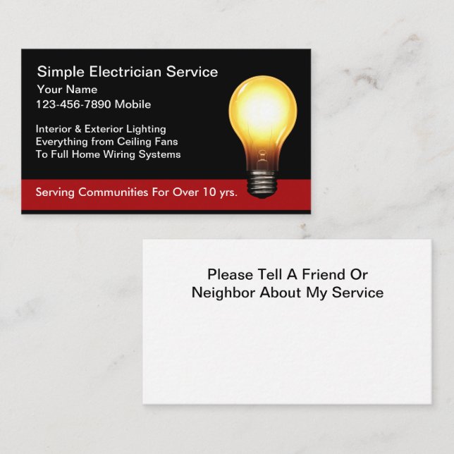 Carte De Visite Simple New Electrician Service Business Cards (Devant / Derrière)