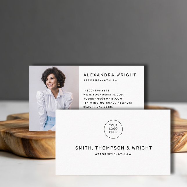 Carte De Visite Simple Noir Blanc Droit Juriste Avocat Photo Busin (law lawyer attorney paralegal professional logo business card social media template minimalist white)