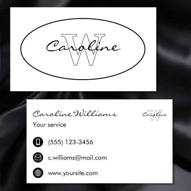 Carte De Visite Simple nom élégant monogramme noir blanc ovale (Créateur téléchargé)