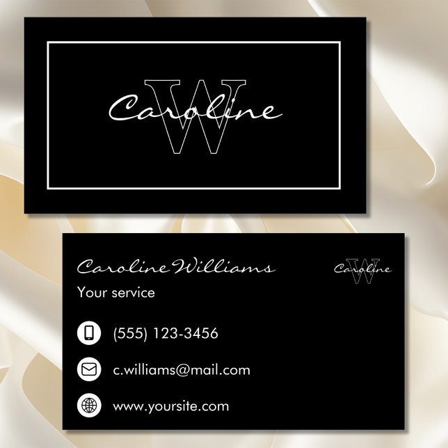 Carte De Visite Simple nom élégant monogramme noir blanc ovale (Créateur téléchargé)