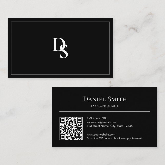 Carte De Visite Simple Professional Black White Initials QR Code (Devant / Derrière)