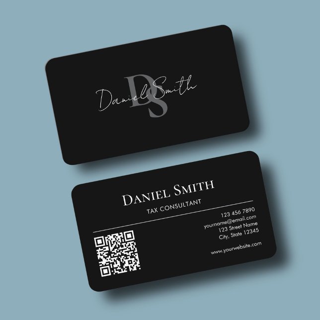 Carte De Visite Simple Professional Monogram Initial QR code Black (Simple Professional Monogram Initial QR code Black Business Card mock up)