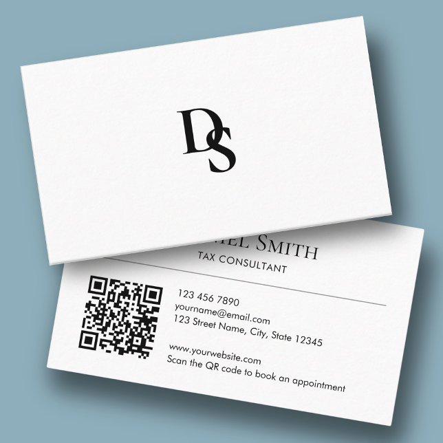 Carte De Visite Simple Professional White with Initials QR Code (Simple Professional White with Initials QR Code Business Card)