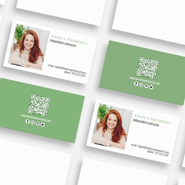 Carte De Visite Simple professionnel QR Code photo vert (Simple business card with photo and QR Code. )