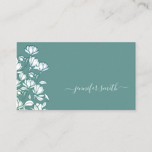 Carte De Visite Simple Turquoise Fleur vert Dessin Floral Chic (Devant)