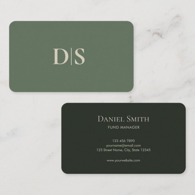 Carte De Visite Simples Élégantes Initiales Beige sur Fond Vert So (Devant / Derrière)