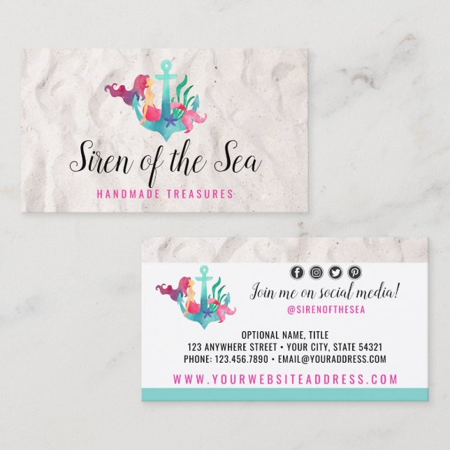 Carte De Visite Sirène sur l'Ancre Nautique Aquarelle Médias socia (Devant / Derrière)