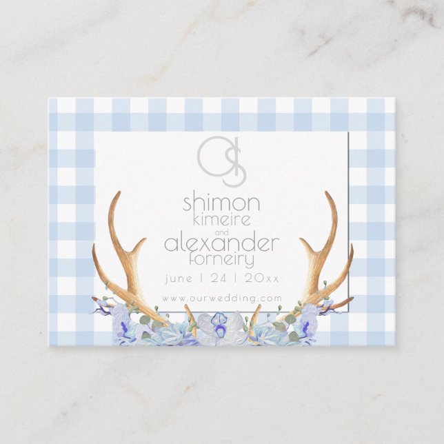 Carte De Visite Site mariage | Monogramme bleu En vichy floral (Devant)