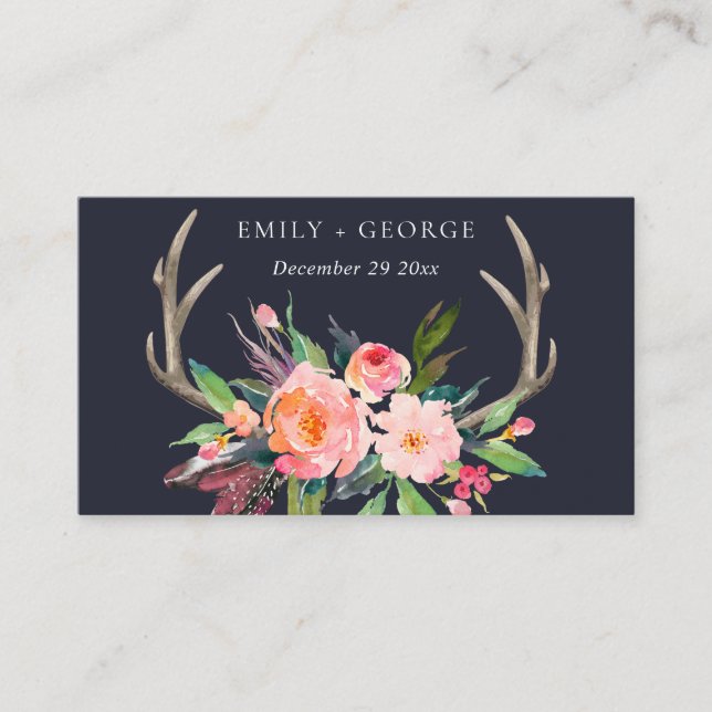 CARTE DE VISITE SITE WEB DU MARIAGE FLORAL BOHO NAVY BARN BLUSH AN (Devant)