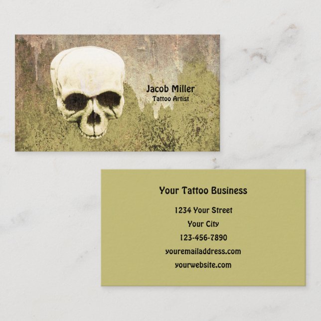 Carte De Visite Skull Green Gothic Tattoo Artist (Devant / Derrière)