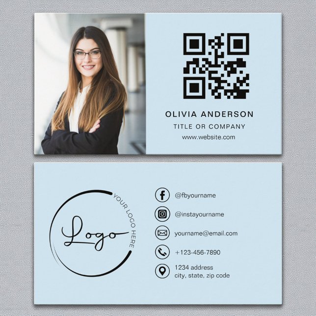 Carte De Visite Sky Blue Photo White QR Code Social Media (Créateur téléchargé)