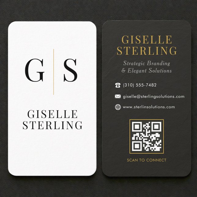 Carte De Visite Slate Stone Black White Gold Monogram QR Code (Créateur téléchargé)
