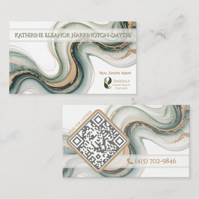Carte De Visite Sleek Sage Gold Marble Modern Realtor Logo QR Code (Devant / Derrière)