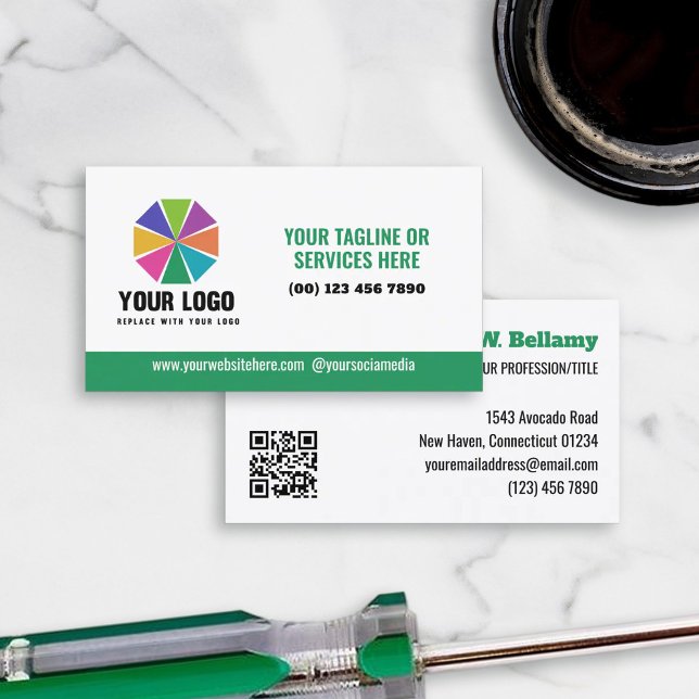 Carte De Visite Slogan vert Votre logo ici Code QR modifiable (Créateur téléchargé)