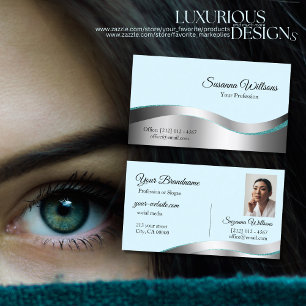 Carte De Visite Smart Turquoise Wavy Silver Decor avec Photo Class