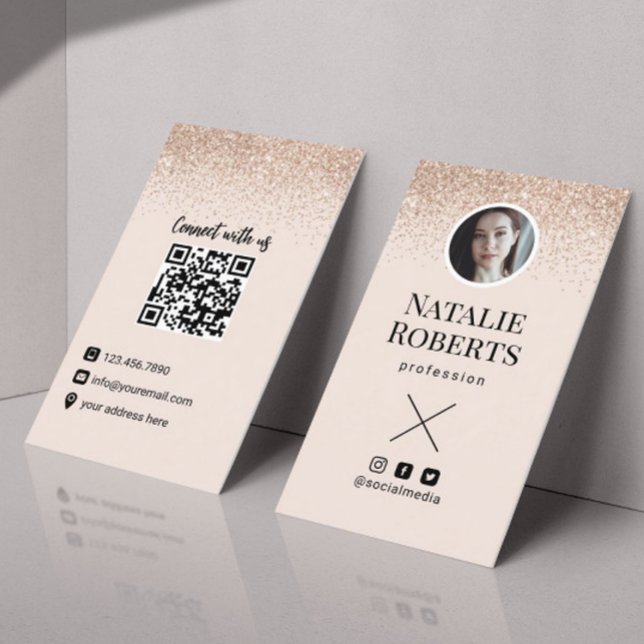 Carte De Visite Social Media Blush Pink QR Code Ajouter votre phot (Créateur téléchargé)