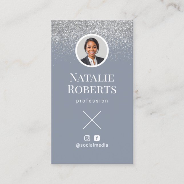 Carte De Visite Social Media Dusty Blue QR Code Ajouter votre phot (Devant)