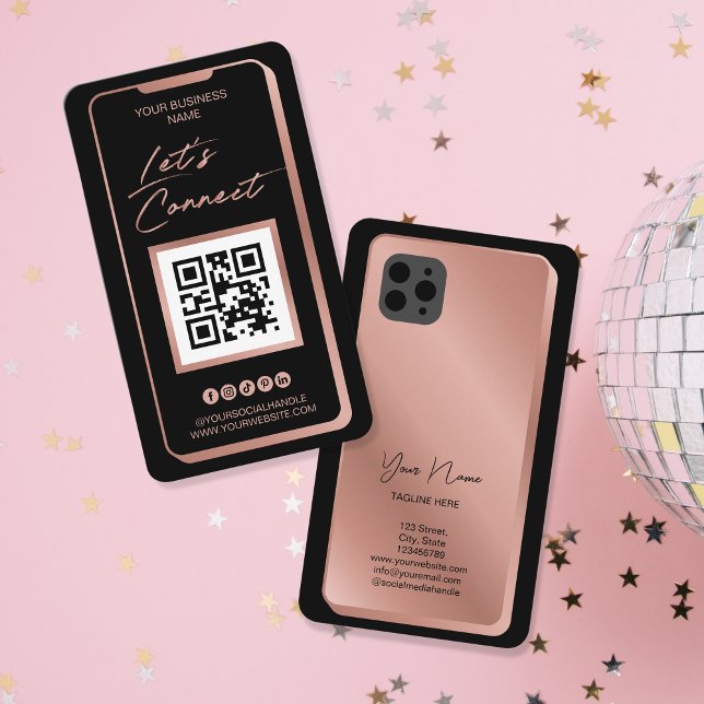 Carte De Visite Social Media QR Code Feminine Modern Rose Gold (Créateur téléchargé)