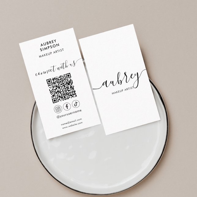 Carte De Visite Social Media QR Code Girl Calligraphy White (Créateur téléchargé)