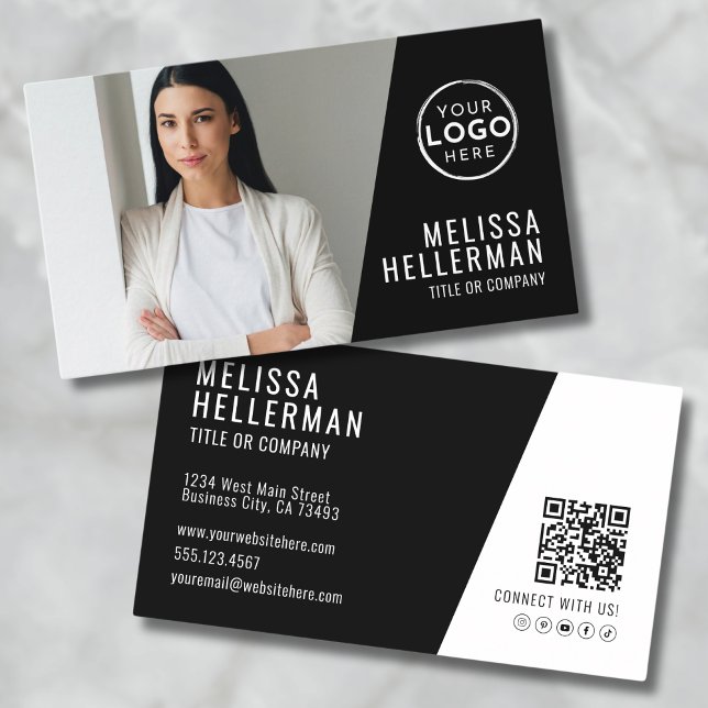 Carte De Visite Société de Code QR de Photo Noir Votre Logo (Black Photo QR Code Company Your Logo Business Card )