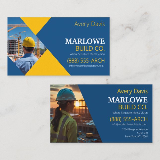 Carte De Visite Société de Construction Moderne Photo Bleu & Jaune (Devant / Derrière)