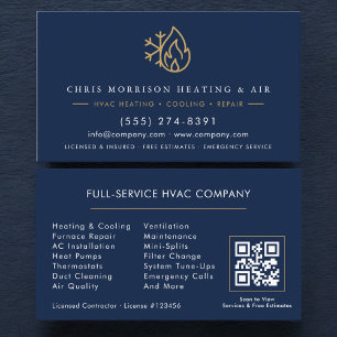 Carte De Visite Société de services de CVC Code QR bleu marine or