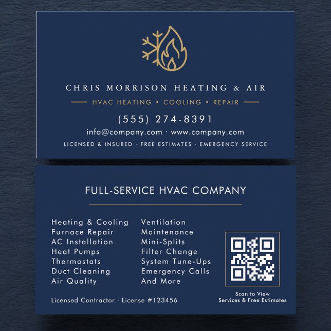 Carte De Visite Société de services de CVC Code QR bleu marine or (Créateur téléchargé)