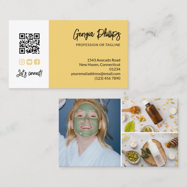 Carte De Visite Soft Yellow QR Code 3 Photo Collage (Devant / Derrière)