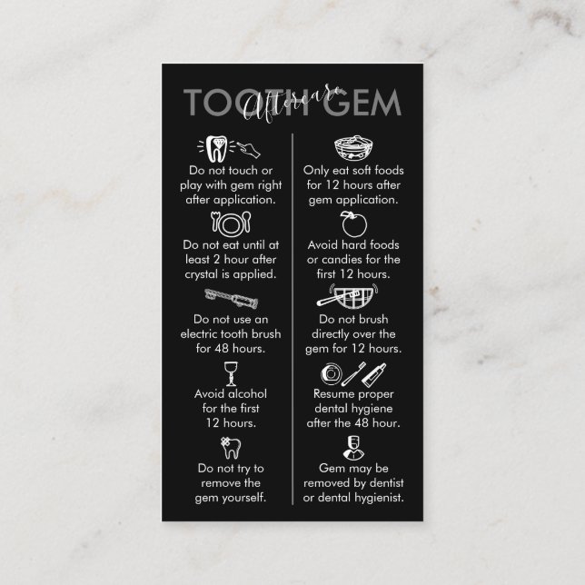 Carte De Visite Soins après application de gemme dentaire imprimée (Dos)