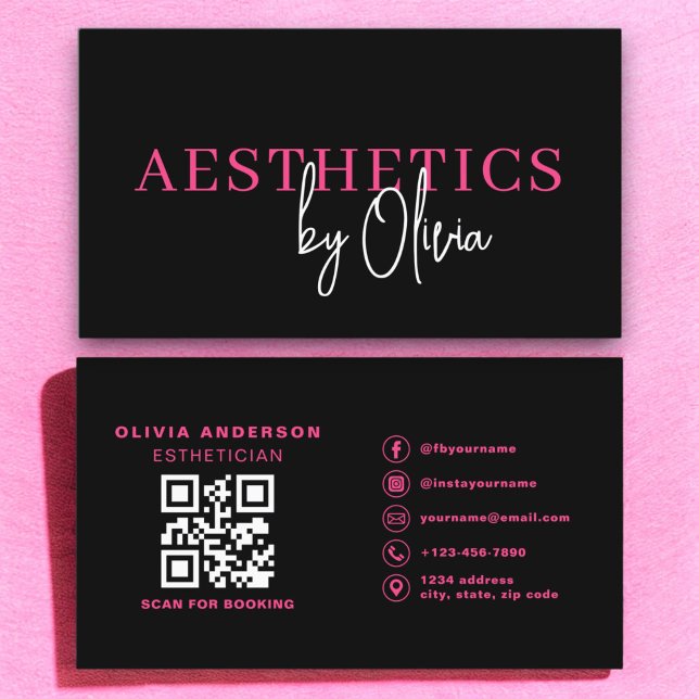Carte De Visite Soins de la peau Esthétique QR Code Hot rose Noir (Créateur téléchargé)