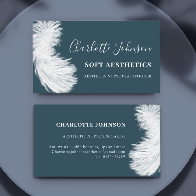 Carte De Visite Soins de la peau Professionnel de la santé Moderne (Aesthetics nurse specialist professional soft feather illustration blue business card)