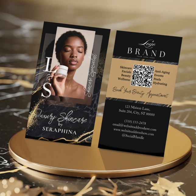 Carte De Visite Soins de luxe Esthéticienne Agate noire et or (Luxury Glam Skincare Esthetician Black Gold Agate Business Card)