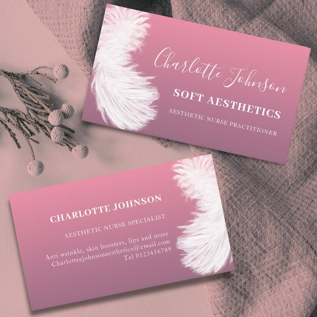Carte De Visite Soins esthétiques Moderne Rose Plume (Modern Stylish nurse aesthetics skincare pink Business card)