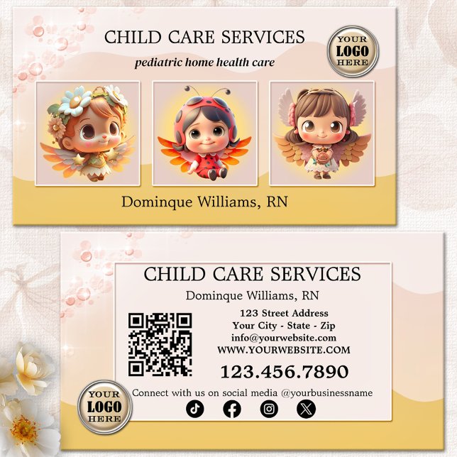 Carte De Visite Soins pédiatriques à l'enfance infirmière garderie (Business card for child care services with cute kids angels or your photos - QR code - social media)