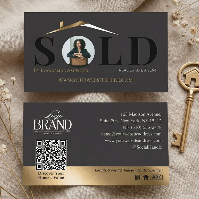 Carte De Visite Sold Luxury Home Real Estate Agent Black Gold QR (Sold Luxury Home Real Estate Agent Black Gold QR Business Card)