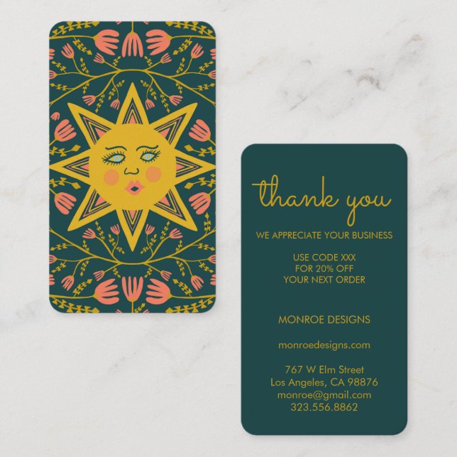 Carte De Visite Soleil et vignes florales Elegant Boho MERCI REMIS (Devant / Derrière)