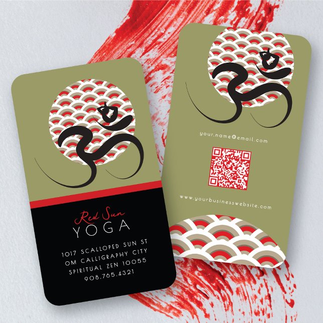 Carte De Visite Soleil Rouge Yoga Spirituel Indien Méditer Om Ohm  (Red Sun Yoga Spiritual Meditation Modern Zen Om / Aum  Calligraphy Symbol Business Card @ fatfatin)