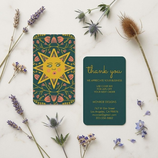 Carte De Visite Soleil & Vignes Fleuries Élégant Boho MERCI REMISE (Sun & Flowering Vines Elegant Boho THANK YOU DISCOUNT Business Card
)