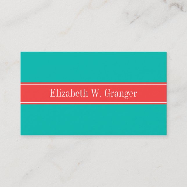 Carte De Visite Solid Teal, Coral Red Ribbon Monogram (Devant)
