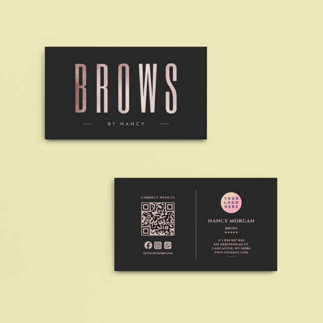 Carte De Visite Sourcils Code QR et Logo Rose Gold Pailleté (Créateur téléchargé)