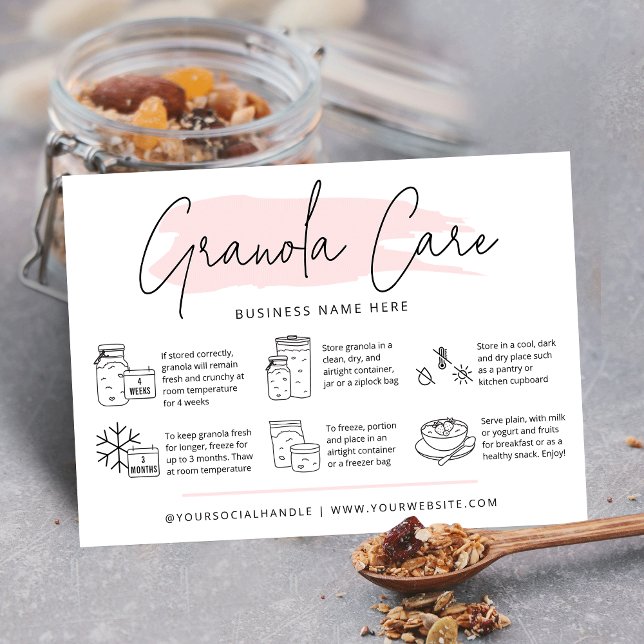 Carte De Visite Sourdoula Granola Care Card Modern Rose Aquarelle (Sourdough granola care cards with icons, modern script font and pink watercolor and your logo)