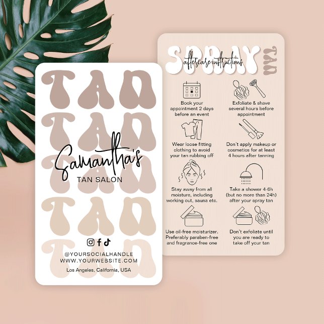 Carte De Visite Spray Beige Tan Tan Tan Après-Soins Tendance (Trendy spray tan after care instructions cards in beige and white with retro fonts & care icons)