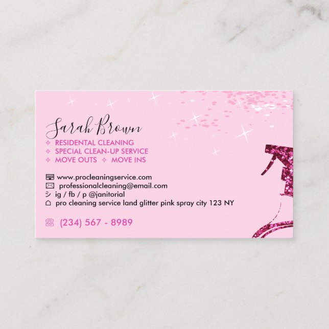 Carte De Visite Spray nettoyant pour femme de ménage rose étincell (Dos)