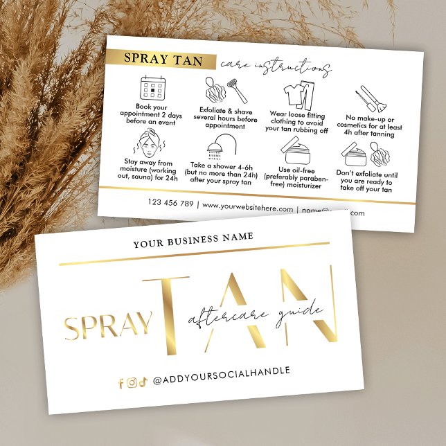 Carte De Visite Spray Tan Aftercare Guide moderne Blanc & Or (Modern white and gold spray tanning aftercare cards with icons)