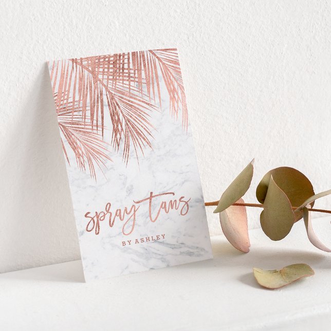 Carte De Visite Spray tans script rose or palmier feuille marbre (Spray tans script rose gold palm tree leaf marble business card)