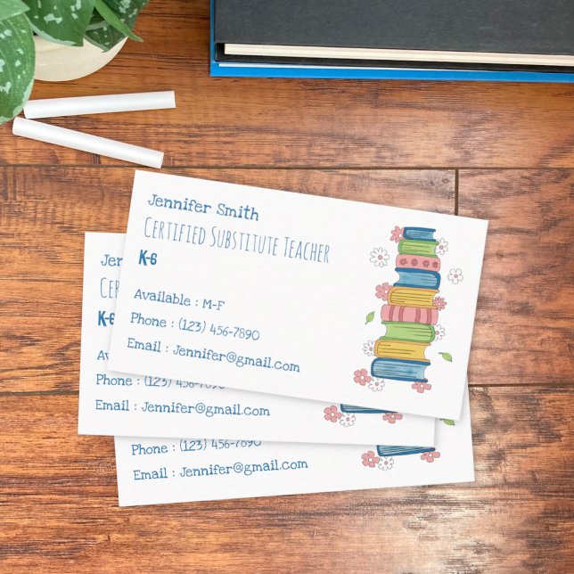Carte de visite standard Enseignant Livres et Fleu (Cute sub teacher standard business cards .)