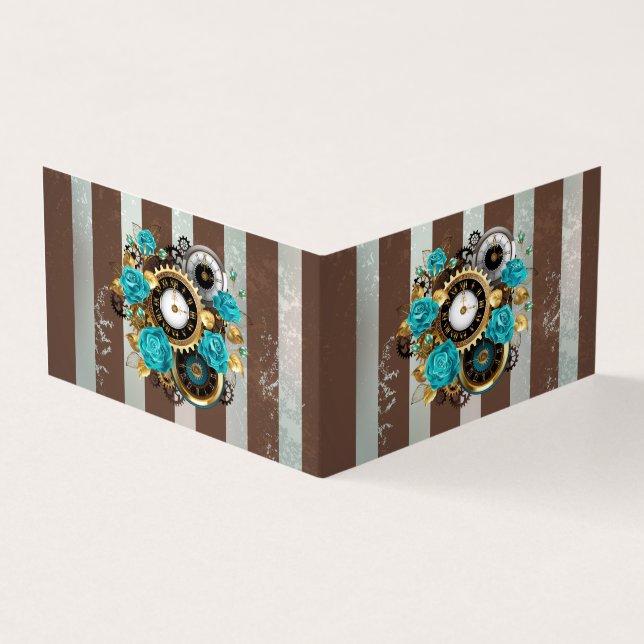 Carte De Visite Steampunk Clock and Turquoise Roses on Striped (Extérieur)