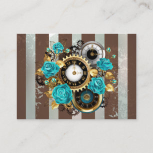 Carte De Visite Steampunk Clock and Turquoise Roses on Striped