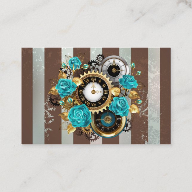 Carte De Visite Steampunk Clock and Turquoise Roses on Striped (Devant)